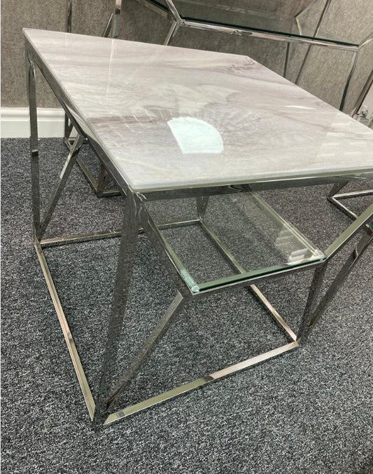 Silver Plated Marble Glass Square Side Table ST-MARBGLASS