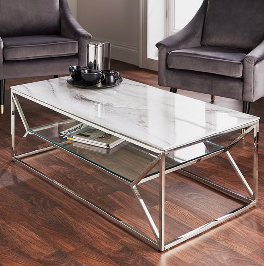 Silver Plated Marble Glass Rectangular Coffee Table CT-MARBGLASS-01